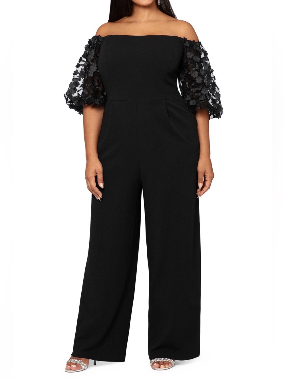 XSCAPE 3D-floral puff-sleeve jumpsuit
